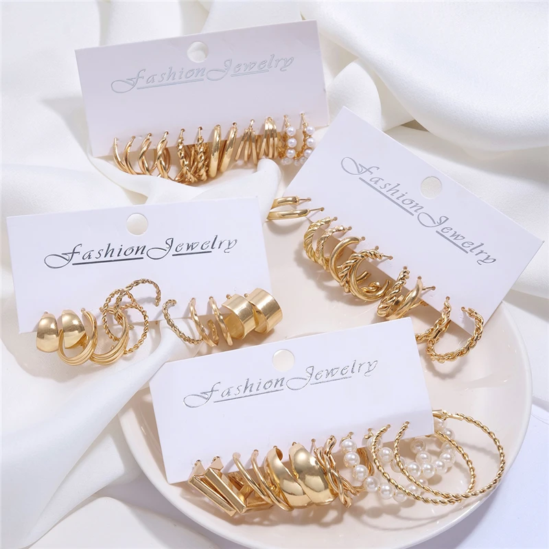 24 Pairs Gold Color Vintage Hoop Earrings Set for Women Girl Imitation Pearl Geometric Metal Twist Earring Fashion Jewelry