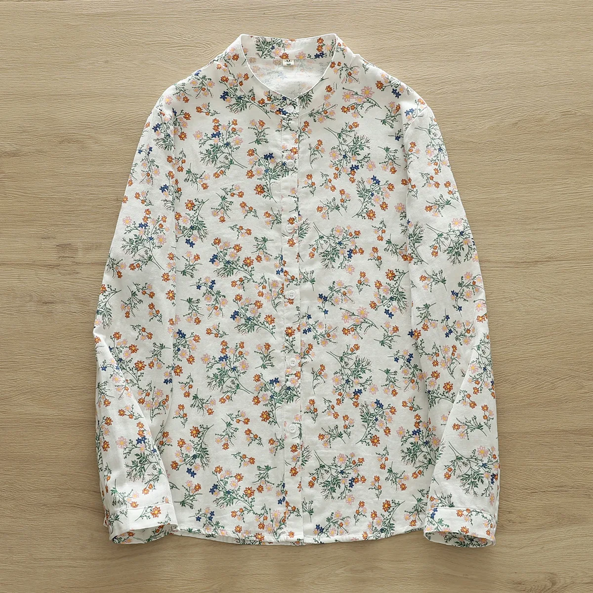 New Autumn Cotton Shirts Women Stand Collar Floral Printed Tops Long Sleeve Single Breasted Loose Casual Blouse Spring T38525JC