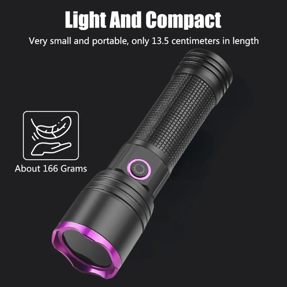 365NM UV Flashlight Black Mirror Purple Light Fluorescent Oil Pollution Detection Type C Rechargeable Use 26650 Battery