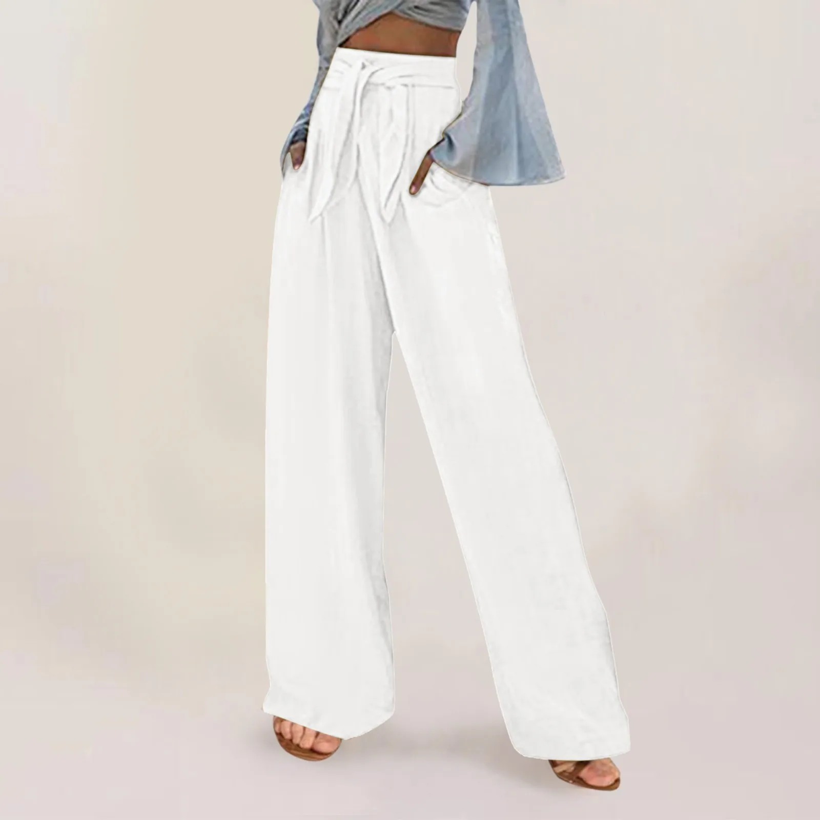 

Trendy Straight Pants Women Y2k Bowknot Bandage Trousers Spring Summer Pure Color Front Pocket Wide Leg Pants Leisure Streetwear