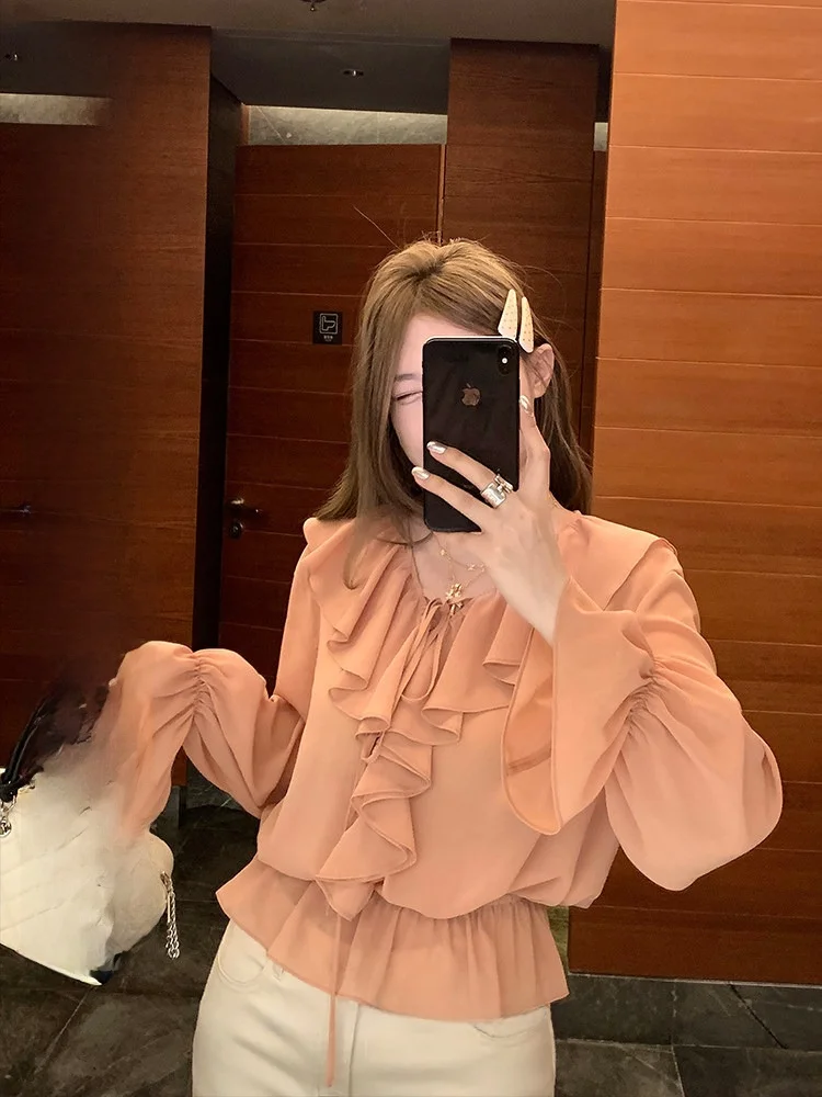 

Luu Peach Happy Girl Lace Trim V-neck Thin Long Sleeve Loose Chiffon Shirt Spring Autumn Design Sense Women's Fashion Top