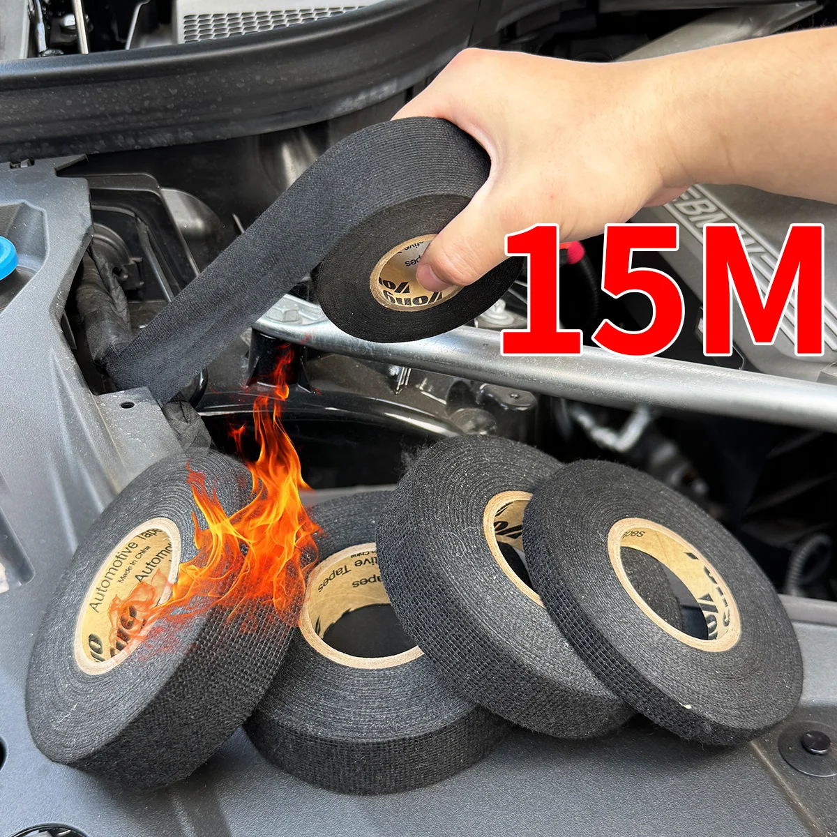 15M Heat-Resistant Flame Retardant Cloth Tape for Car Cable Harness Protection, Adhesive Wiring Loom Tape, Width 9/19/25/40mm