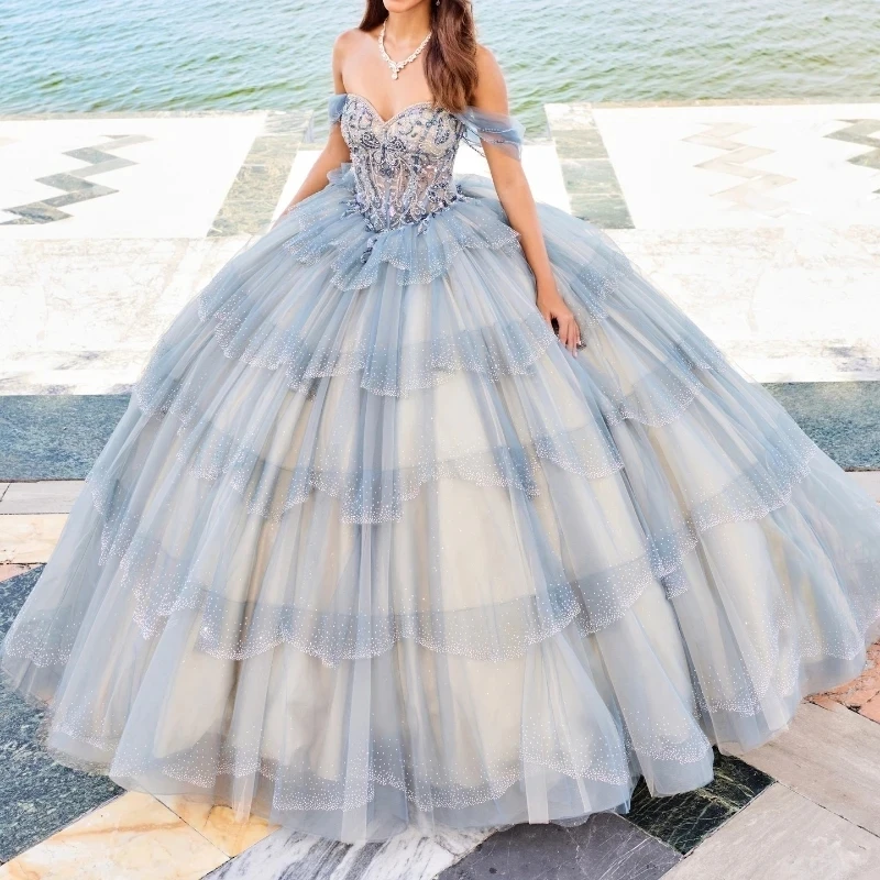 

Sky Blue Sparkly Quinceanera Dresses 2024 Formal Luxury Party Beading Lace Tull Sweet 15 Dress Graduation Ball Gwon Prom Gowns