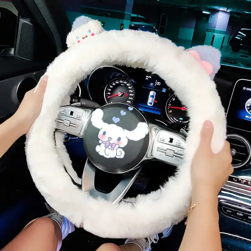 Sanrio anime car decoration steering wheel cover my melody cinnamorol hello kitty kuromi plush soft cartoon cute car accessories