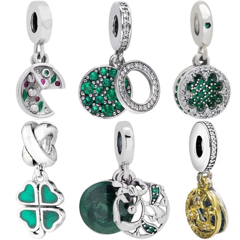 925 Sterling Silver Green Color Lucky Four-leaf Clover Pizza Christmas Mistletoe Pendant Charm Fit Europe Bracelet Jewelry Gift