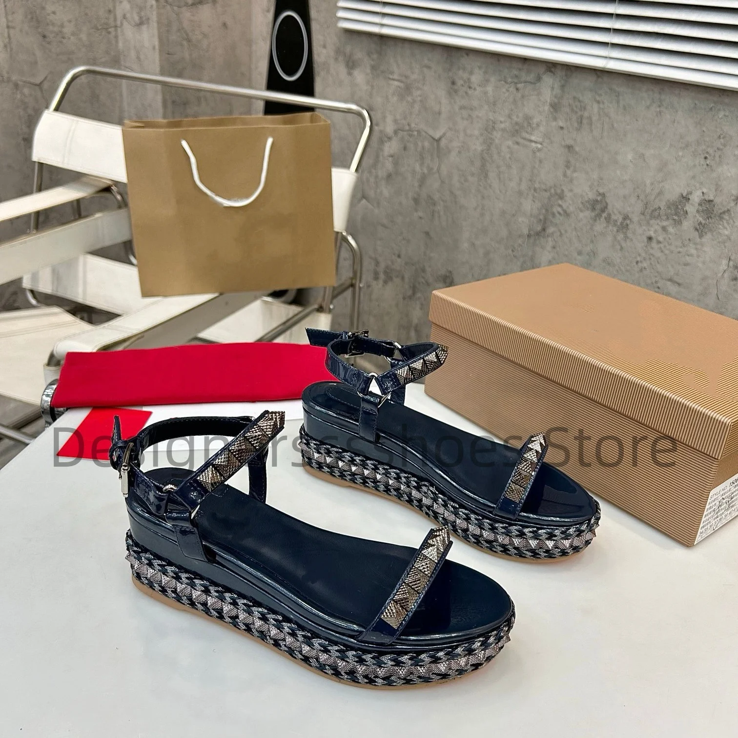 Spring Summer 6cm Platform Sandals Pearl Square Studs Sheepskin Upper Genuine Leather Outsole Sizes 34-41