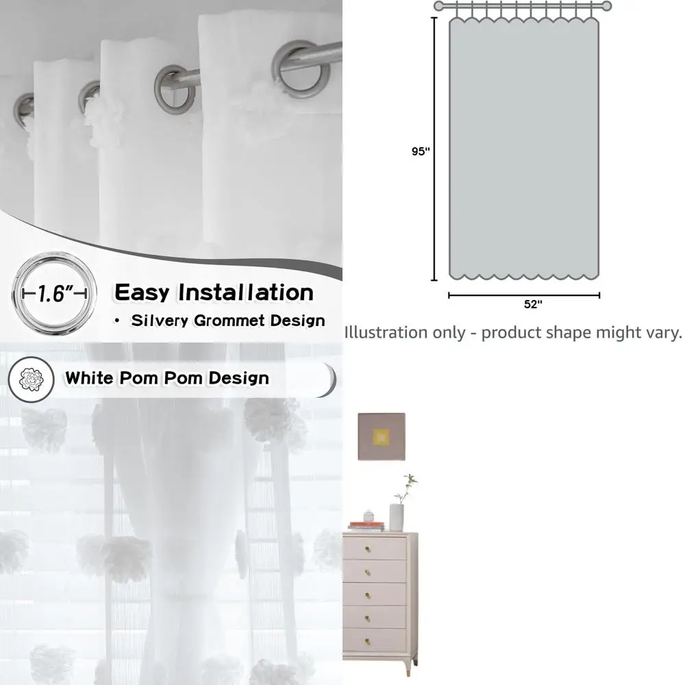 

Удлиненные белые прозрачные шторы с помпонами, длина 955, двухслойные, затемняющие в помещении, верхняя часть люверса для гостиной и спальни