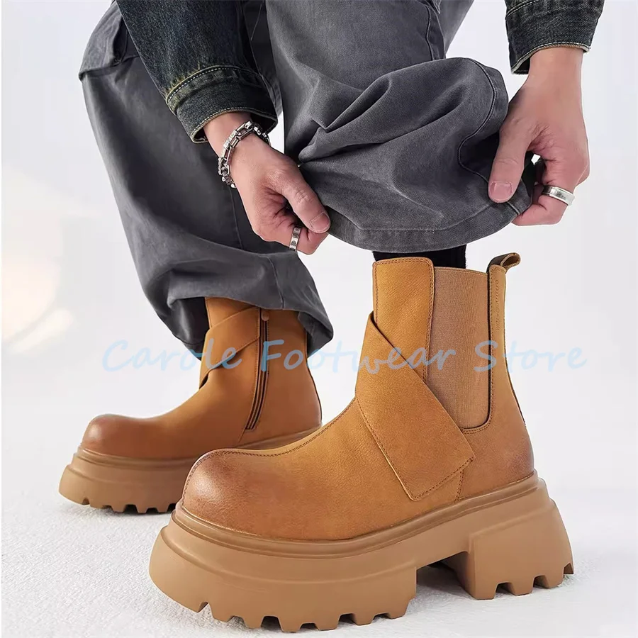 British Style High Top Male Chelsea Boots Big Head Chunky Bottom High Heel Mid-Calf Boots for Men Business Formals Dress Shoes