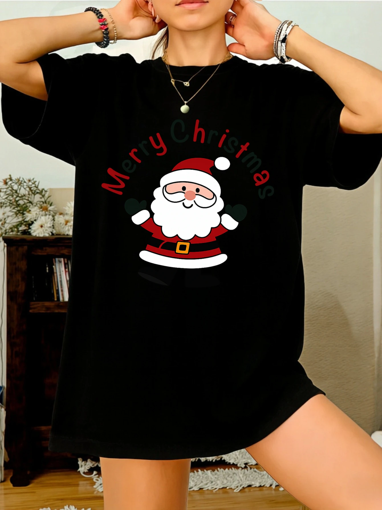 

Women T Shirts Funny Santa Claus Merry Christmas Printed Cotton Oversized Casual Short Sleeve Tshirt Summer Gift for Her