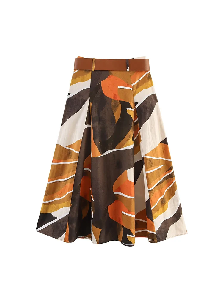 2025 mulheres verão midi saias vintage impressão popeline cinto feminino elegante rua a linha saia roupas