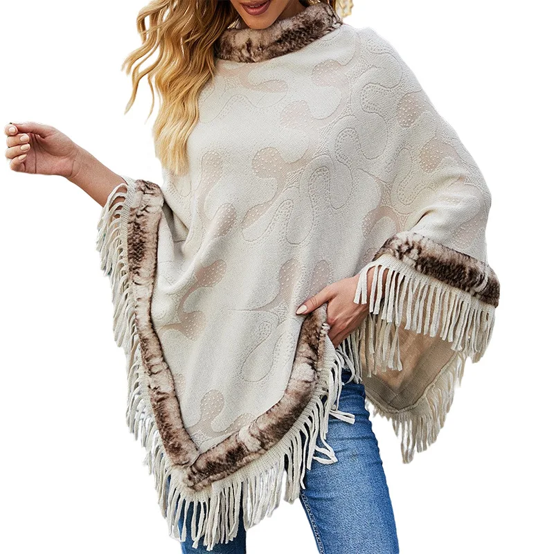 

Autumn Winter New European American Cape Tassel Shawl Sweater Imitation Wool Collar Coat Ponchos Women Capes Cloak