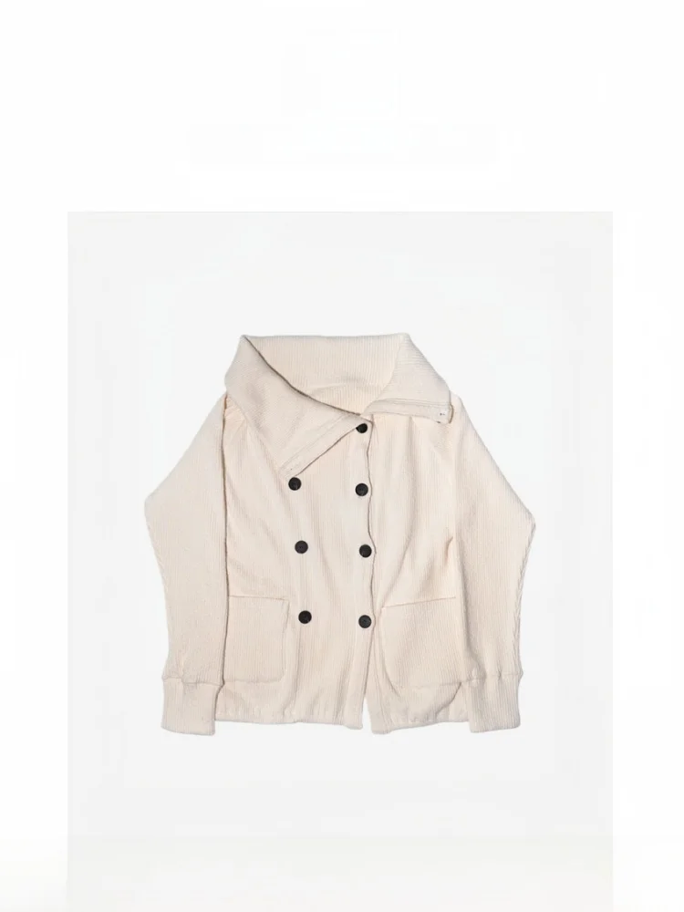 

TheBarnnet Korean Sle Pure Color Double Button Cotton Ribbed Open Cardigan Women's Collar Jaet Long Sve Spring Outerwear