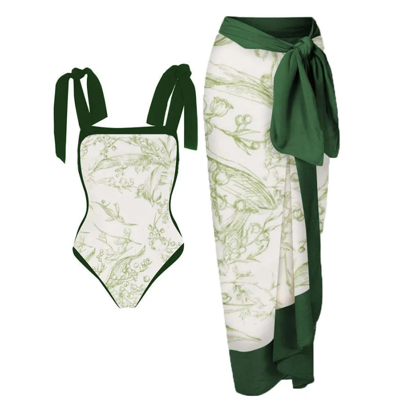 New vintage conservative one-piece hot spring swimsuit set for women with chiffon cover-up wholesale