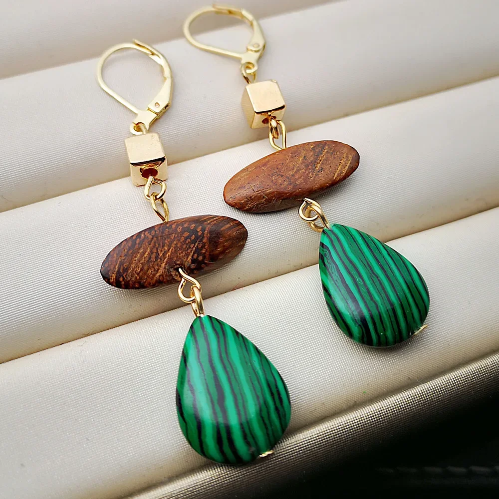 Geometric Vintage Brown Color Stone Green Drop Earrings Women's Retro Personality Unique Design Earrings Party Custom Jewelry