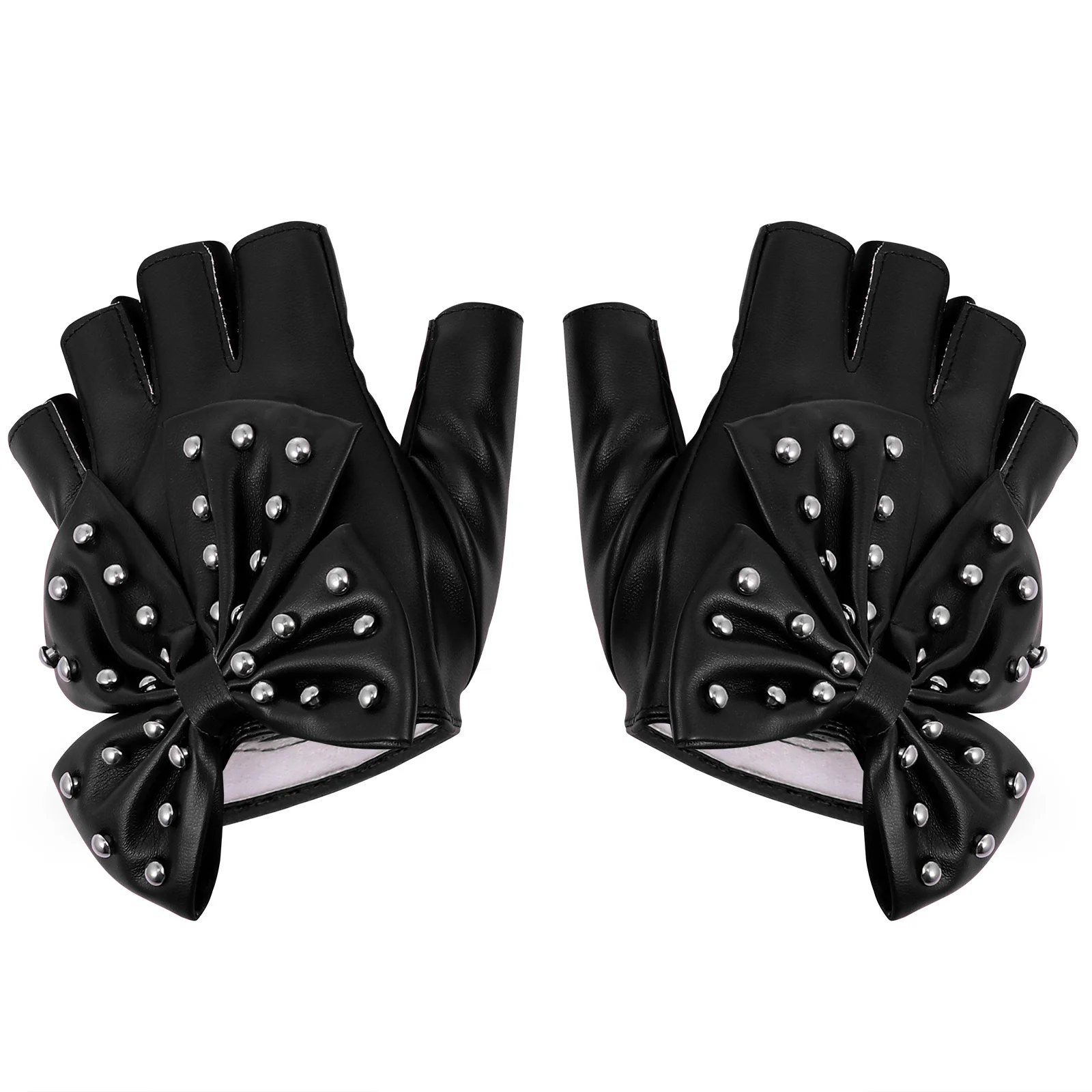 

1Pair Lady Half-Finger Gloves Rivet Bow-Knot Design for Christmas New Year Fashion Stage Gloves Rivet Glove
