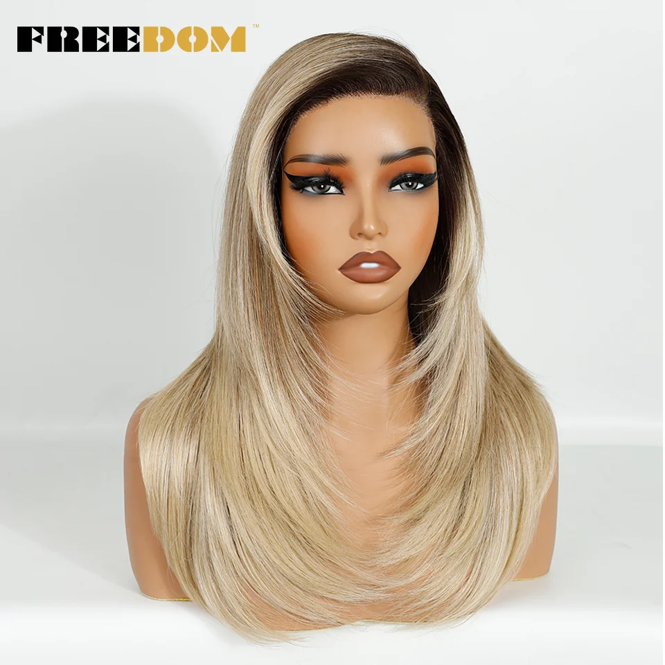 الحرية الاصطناعية الدانتيل الباروكات للنساء 18 بوصة الجانب جزء قبل قطعها مستقيم الطبقات الدانتيل الباروكة أومبير براون شقراء شعر مستعار تأثيري