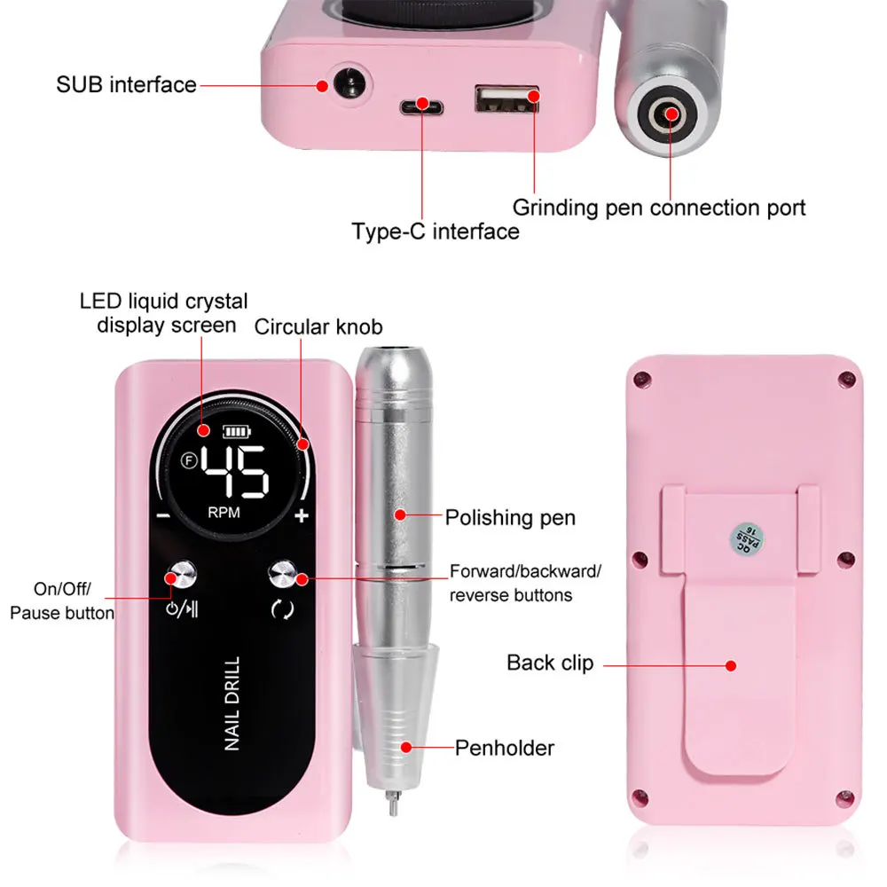 Máquina recarregável prego broca com LCD, baixo ruído, Lixadeira polonês profissional, Unhas Conjunto de Acessórios, 45000RPM, original, 2024