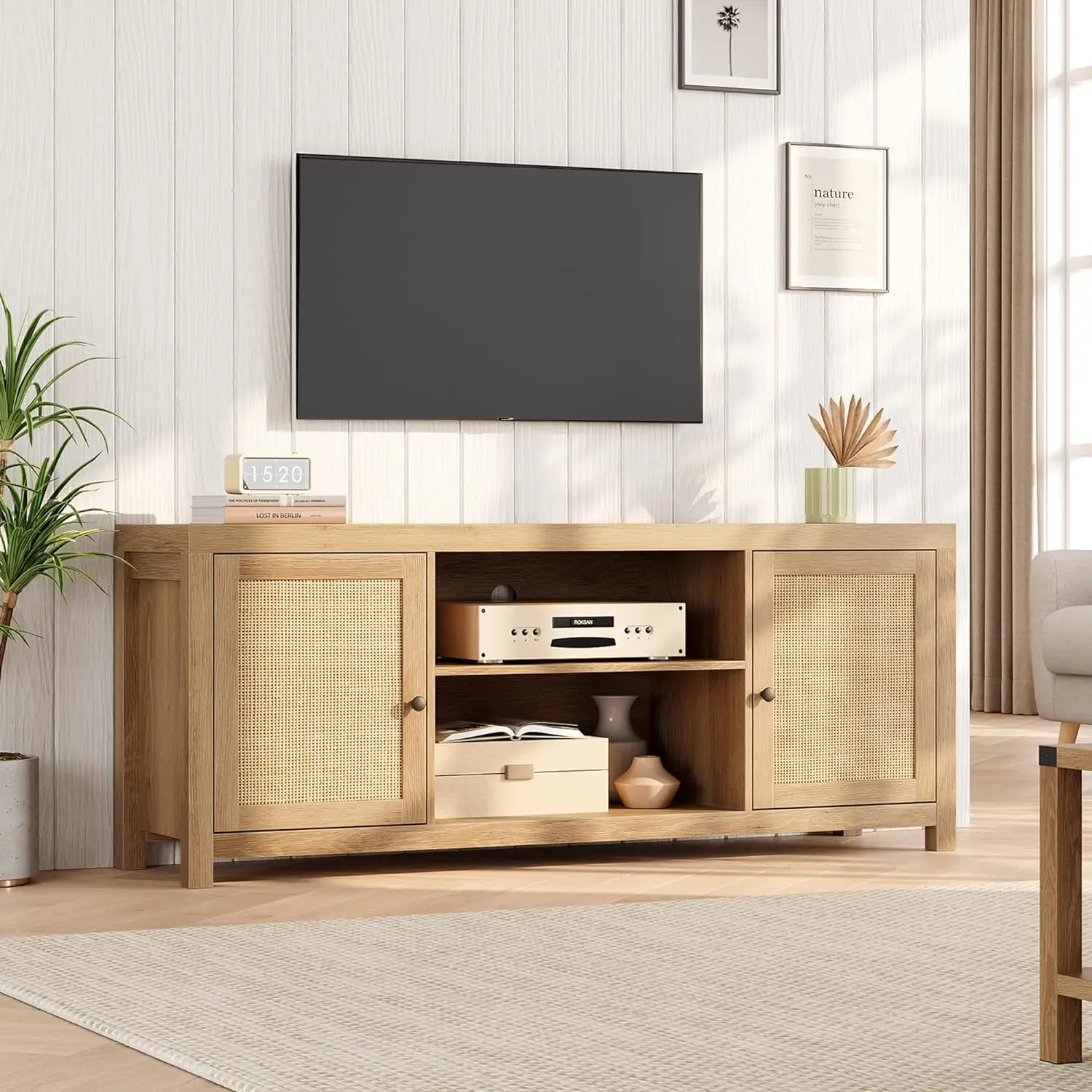 TV-Ständer für 65 Zoll, mit Stauraum und Türen, Holz-TV & Medien konsole unter TV-Schrank möbeln für Wohnzimmer, natürliche Eiche