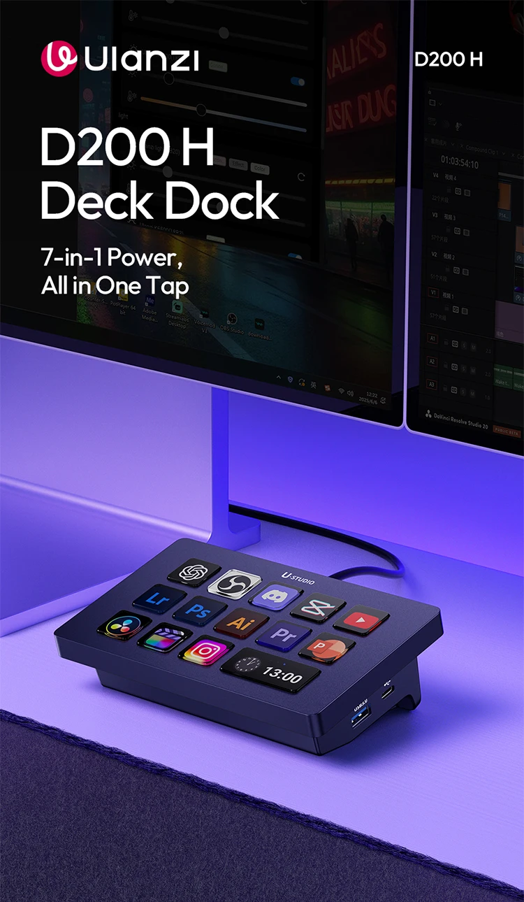 Ulanzi D200H D200 7 in 1 Stream Deck Controler Keyboard with 14 LCD Keys for OBS Live Youtube Content Creation Gaming Office
