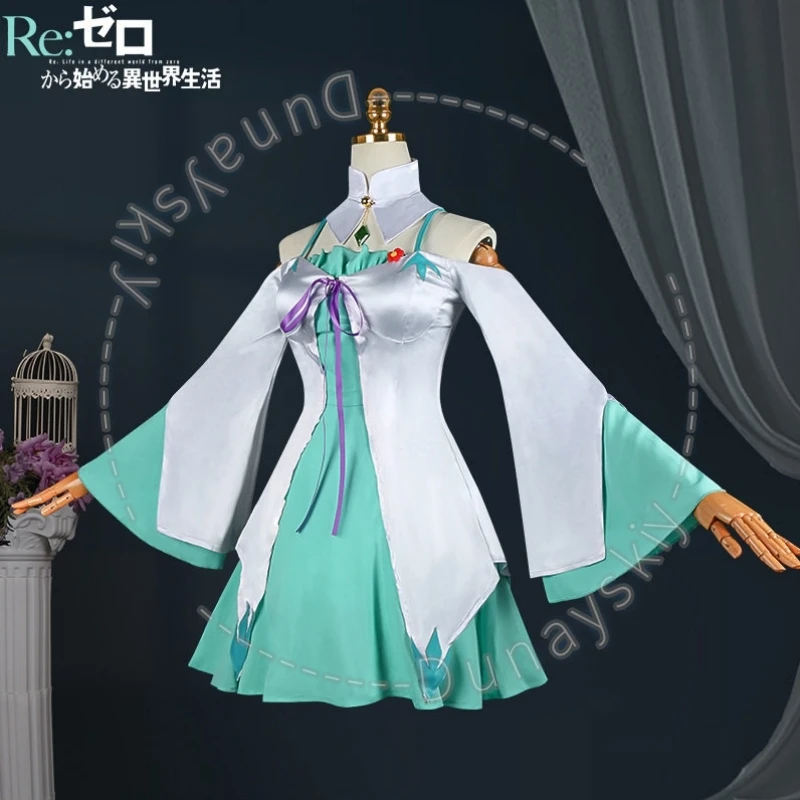 Anime Re:Life Emilia Green White Color Block Dress Cosplay Costume Wig Headgear Off-Shoulder Flare Sleeve Design High Collar Cos - view 3