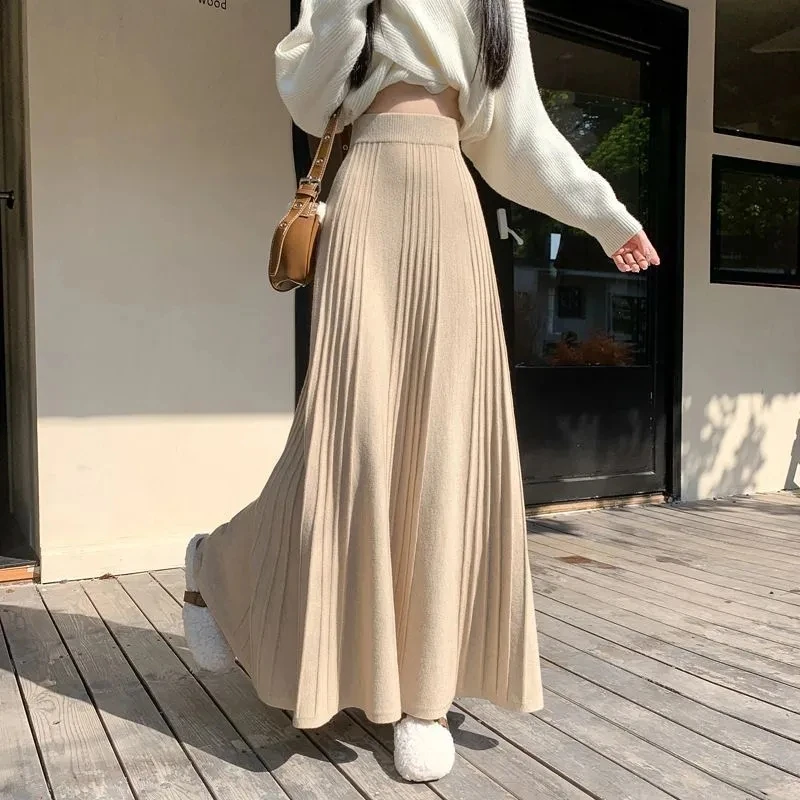 Elegant Knitted Midi Skirt Women Fashion High Waist Black Pleated Skirts Fall Winter Ladies Korean Slim A Line Skirt New 2026