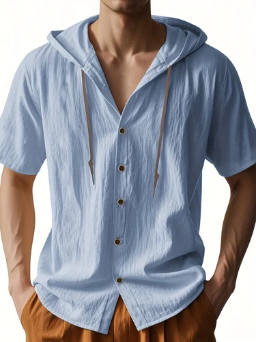 Imagen 2 del producto Camisa con capucha de lino ligera y transpirable para hombre, ropa informal holgada de manga corta con botones en la parte delantera, ropa de verano para exteriores