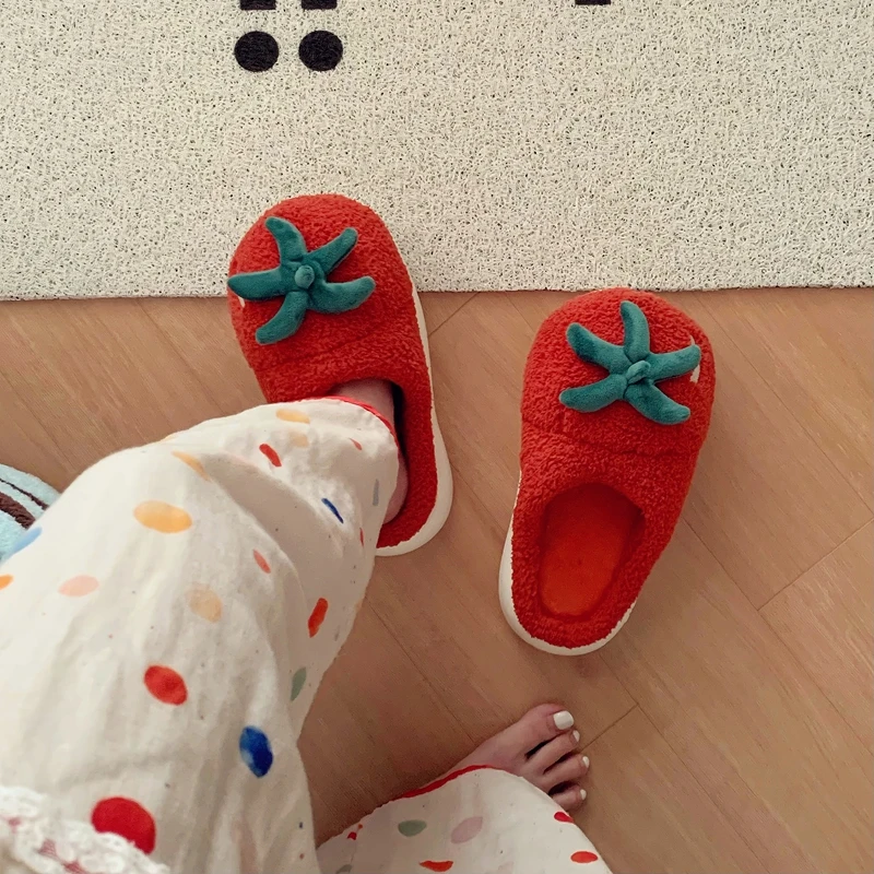 Cute Tomato Shape Cotton Slippers Women's Winter Home Warm Cartoon Parent-child Slippers Outdoor Fluffy Comfort Warm Shoes view 5
