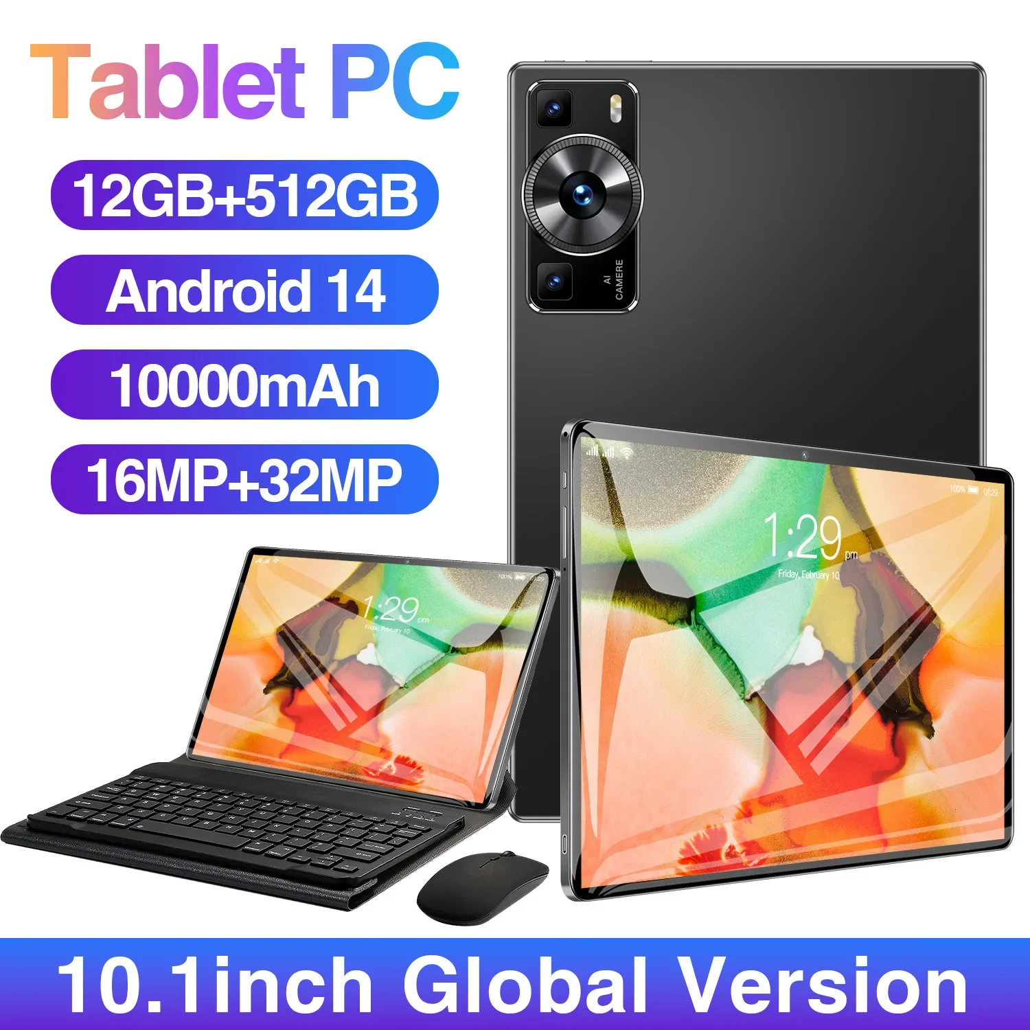 

10.1" Tablet PC Android 14 Global Version HD Screen, 10 Core, 12GB RAM 512GB ROM, 10000MAH Battery,Dual Camera, 5G WiFi Dual SIM