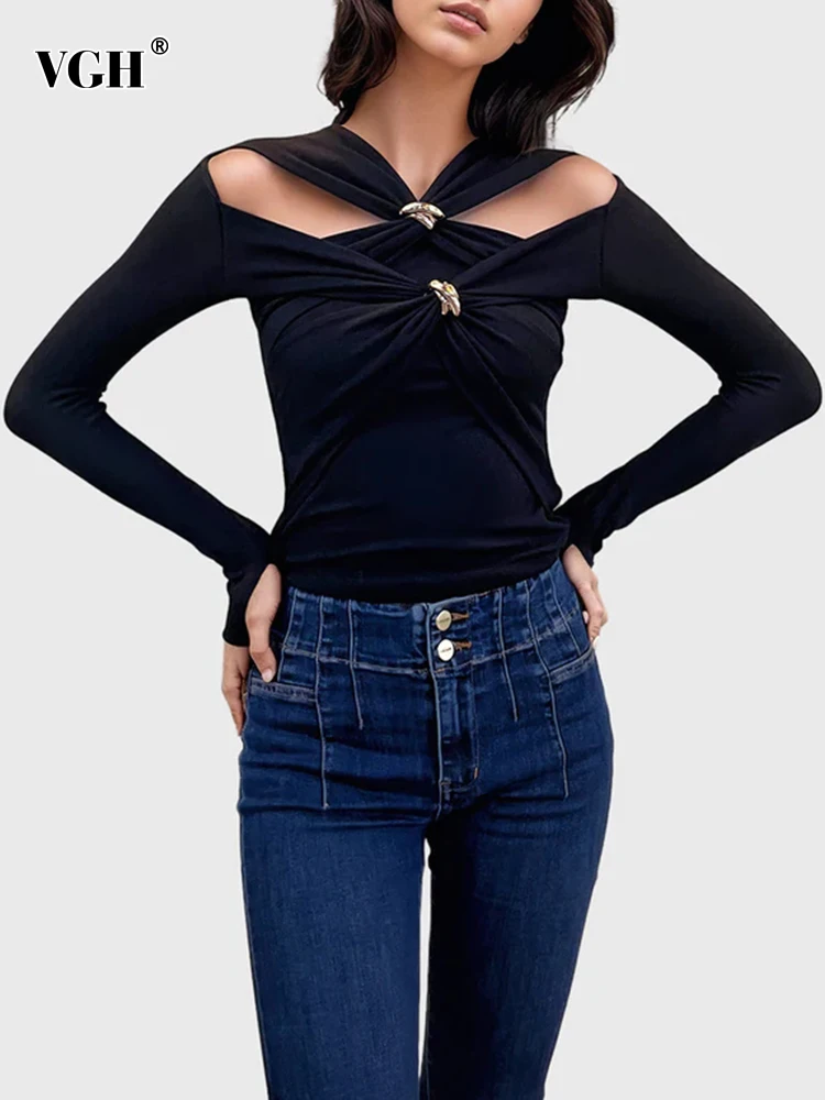 

VGH Patchwork Metal Buckle Crisscross Slimming T Shirts For Women Round Neck Long Sleeve Hollow Out Casual T Shirt Female Style