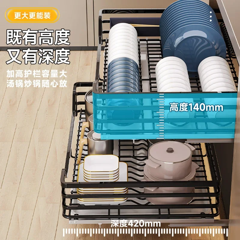 Basket Kitchen Cabinet Double Drawer Bowl Rack 304 Stainless Steel Kitchen Cabinet Bowl Basket Storage Seasoning Basket