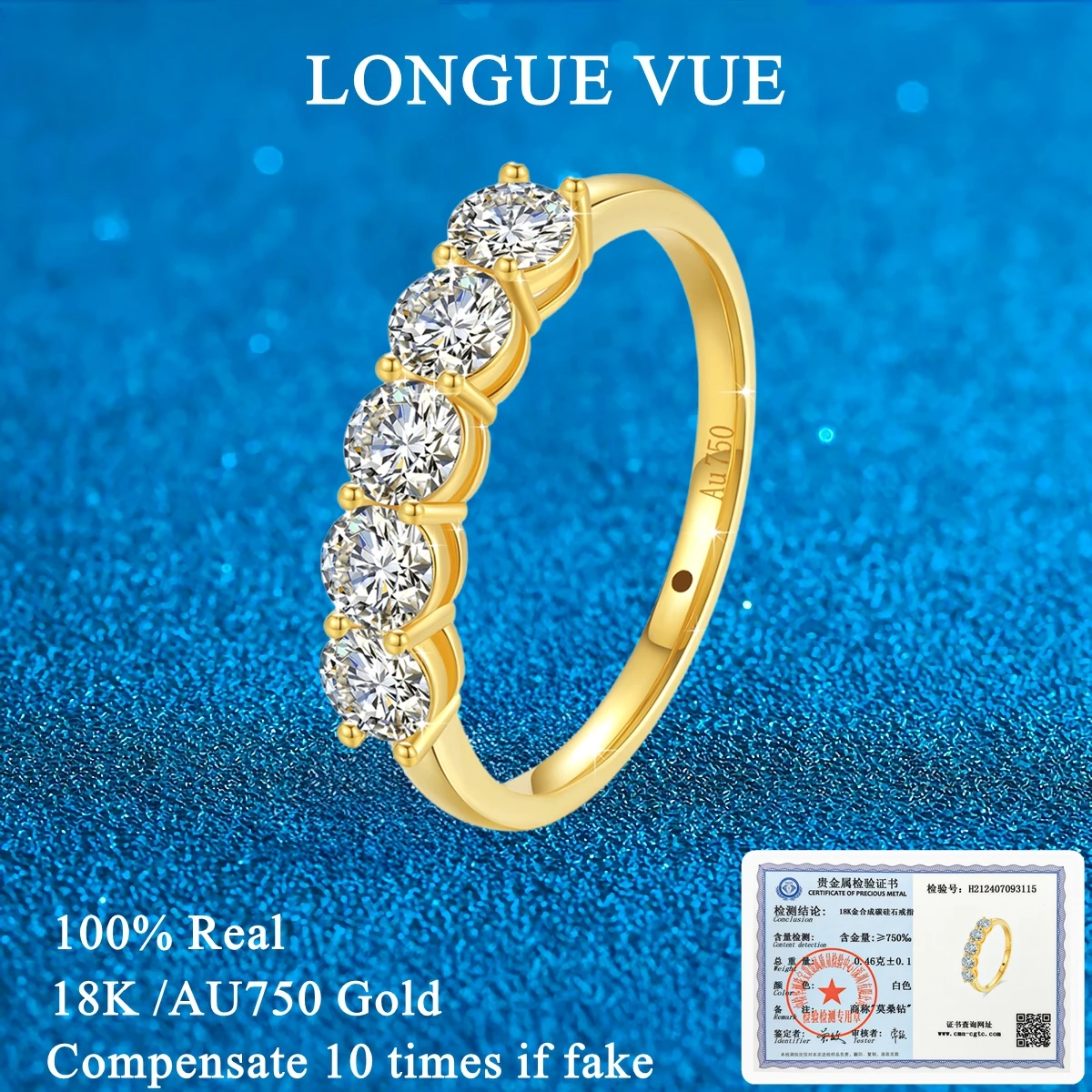 

D VVS Moissanite 18K Gold Rings for Women Sparkling Diamond Engagement Wedding Band with GRA Certificate Classical Row Ring