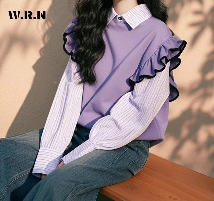 

Korean Chic Lovely Striped Printting Female Patchwork Top Women Long Sleeve Turn Down Collar Casual Sweet Purple Sweatshirts
