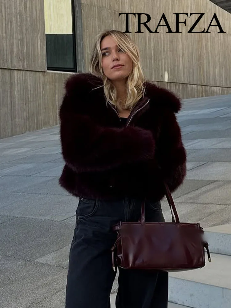 TRAFZA Woman Turn-Down Collar Loose Outerwear Women Elegant Solid Faux Fur Jackets Casual Long Sleeves For Warmth Winter Coat