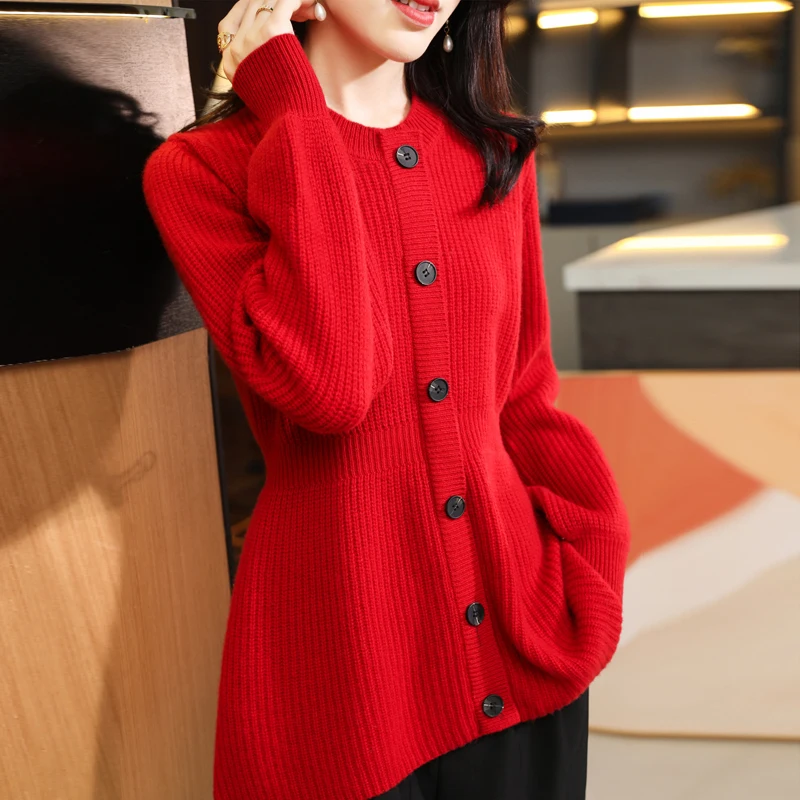 23 Autumn And Winter New Woolen Sweater Women's Round Neck Long Sleeve Solid 100% Pure Wool Loose Relaxed Style Knitted Cardigan