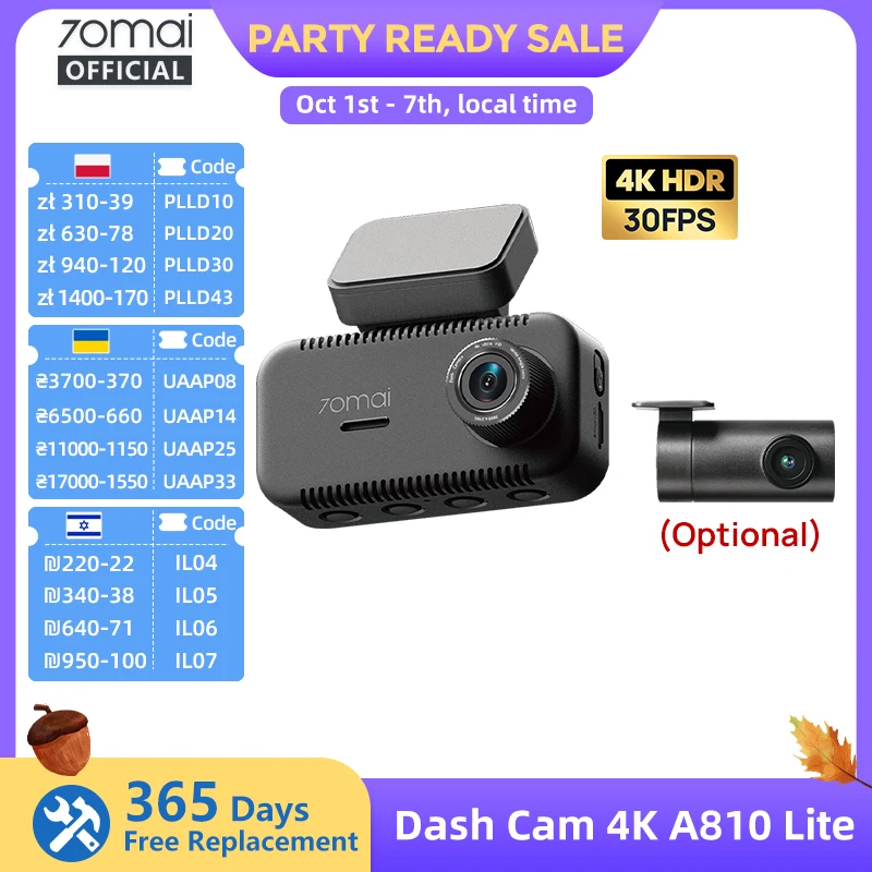 Dash Cam 70mai 4K A810 Lite, HDR F1.55, GPS Integrato, Wi-Fi 6, Controllo Vocale, 4G LTE, Controllo Remoto, Telecamera per Auto 70mai A810 Lite
