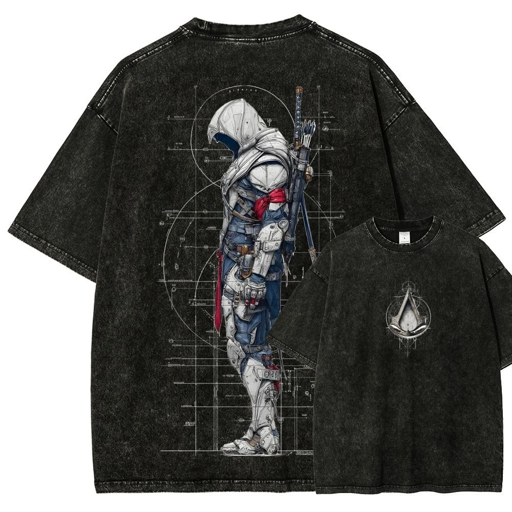 Y2k Assassin's Creed Sergio Red and White Assassin Emblem Double-sided Washed Made Old Short Sleeve T-shirt Loose Cotton