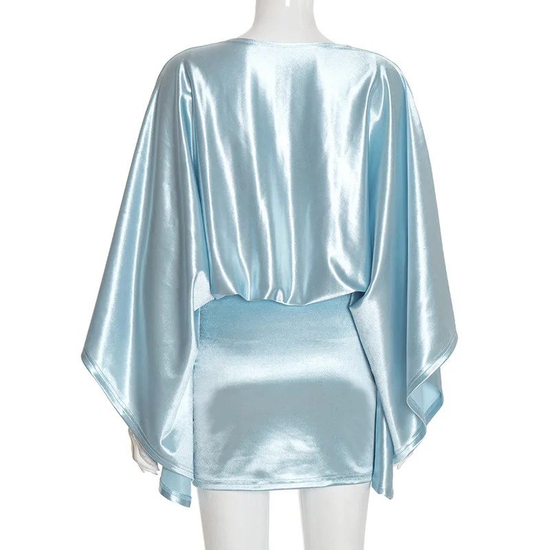 Mini vestido de cetim brilhante, elegante, sexy, feminino, sedoso, decote em v, solto, manga batwing, bodycon, roupas de festa, noite, roupa de balada, streetwear