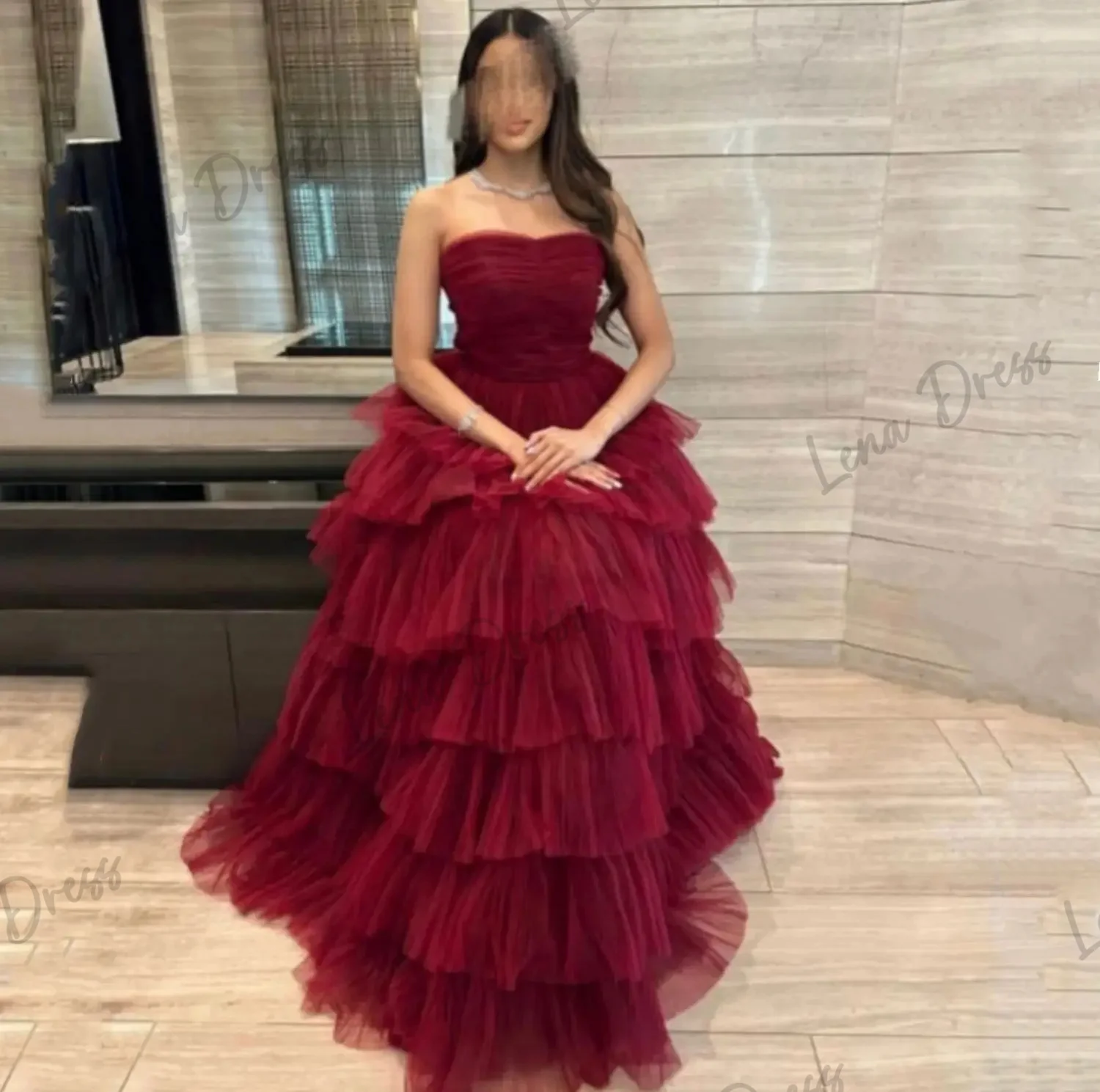 Lena-The 2024 ball evening dress is suitable for ordering mesh fabric for Eid al Fitr layered deep purple red formal birthday