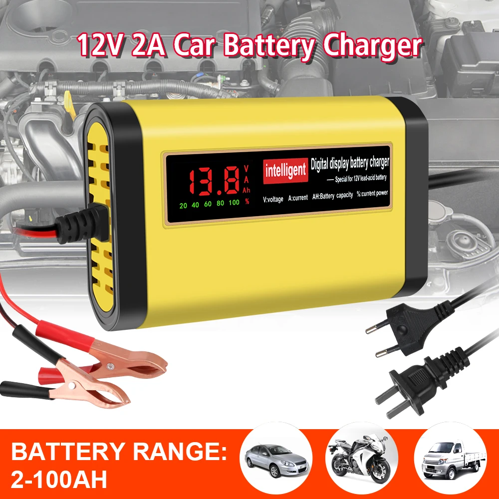 Full Automatic Car Battery Charger 12V 2A Intelligent Fast Power Charging 3 Stages Lead Acid AGM GEL Battery-chargers US EU Plug