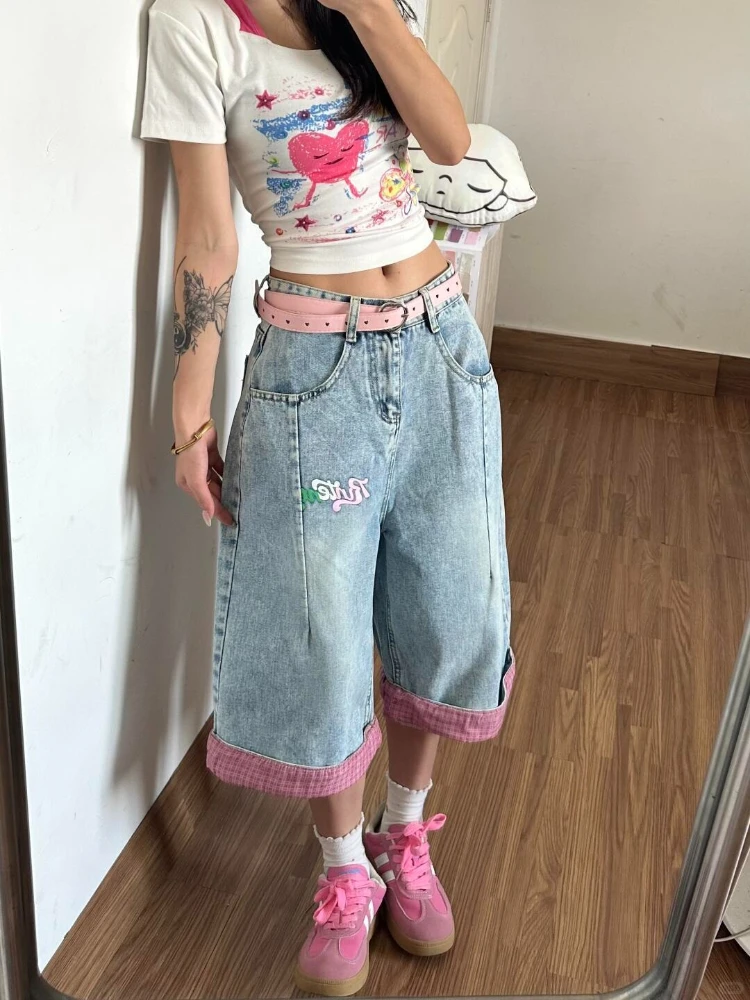 

HOUZHOU Y2k Vintage Print Denim Shorts Women Blue Baggy Patchwork Washed Jorts American Retro Fashion Wide Leg Jeans Streetwear