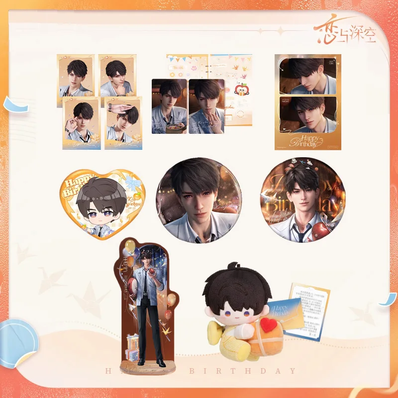 Sunsyea Love and Deepspace Merchandise ufficiale originale 2025 Caleb Portachiavi con distintivo di compleanno Carte con supporto in acrilico