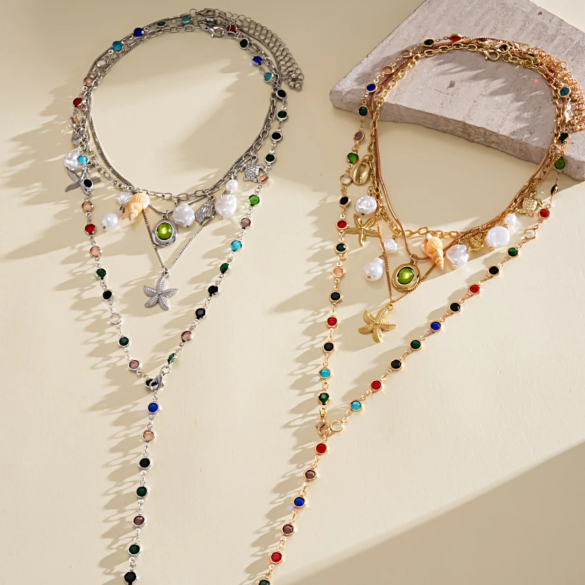 DOO MEI 4 Pcs/set Multi Layer Colorful Resin Chain Necklaces for Women Imitation Pearl Shell Starfish Stackable Necklace Jewelry