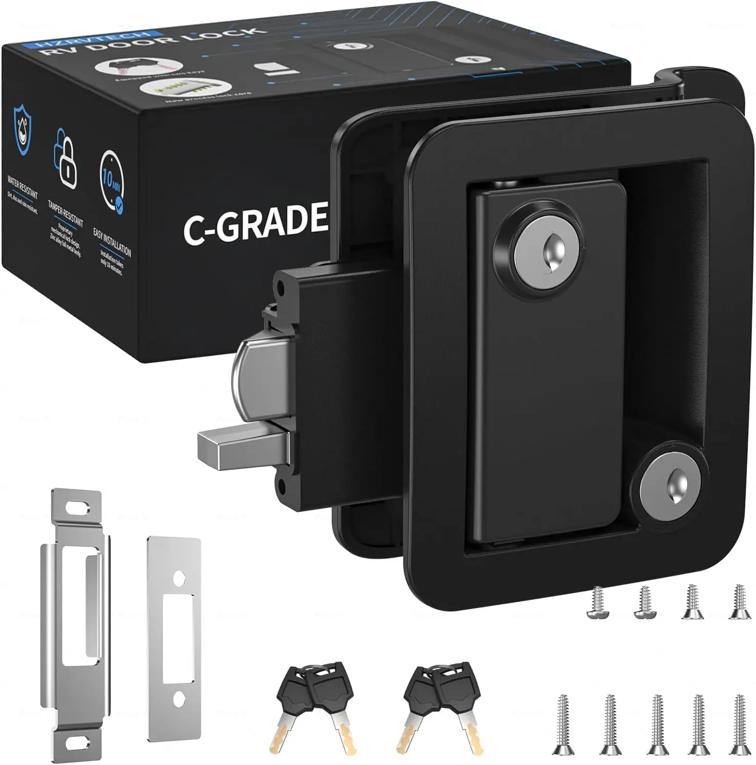 

Замок для двери автодома с рычажным механизмом, черный, для прицепов-дач и закрытых прицепов, в комплекте 4 ключа