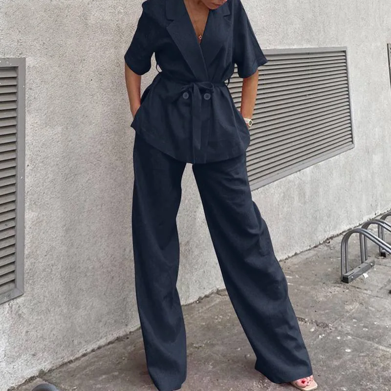 Moda terno colarinho de manga curta algodão linho calças femininas 2 peça verão casual topo amarrando calças bolso terno feminino