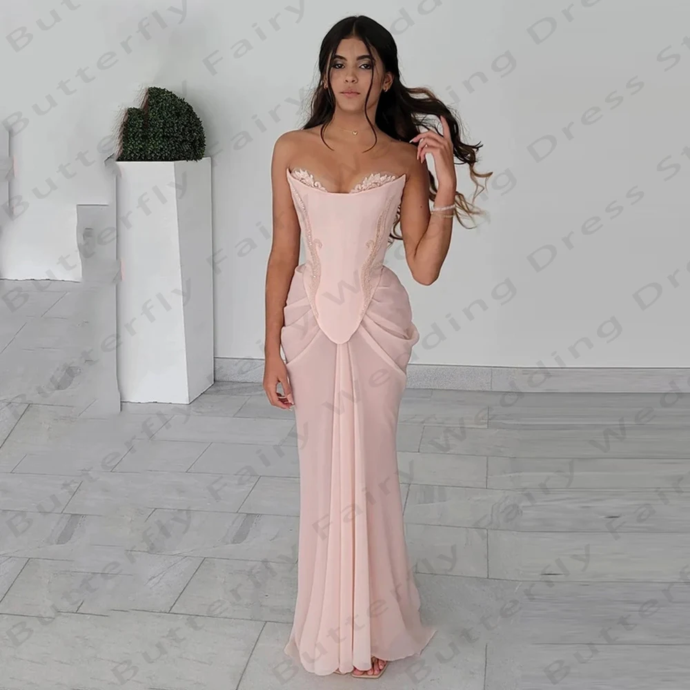 Pink Chiffon Women\'s Evening Dress Mermaid Sexy Off Shoulder Sleeveless Princess Prom Gowns Formal Fashion Celebrity Beach Party