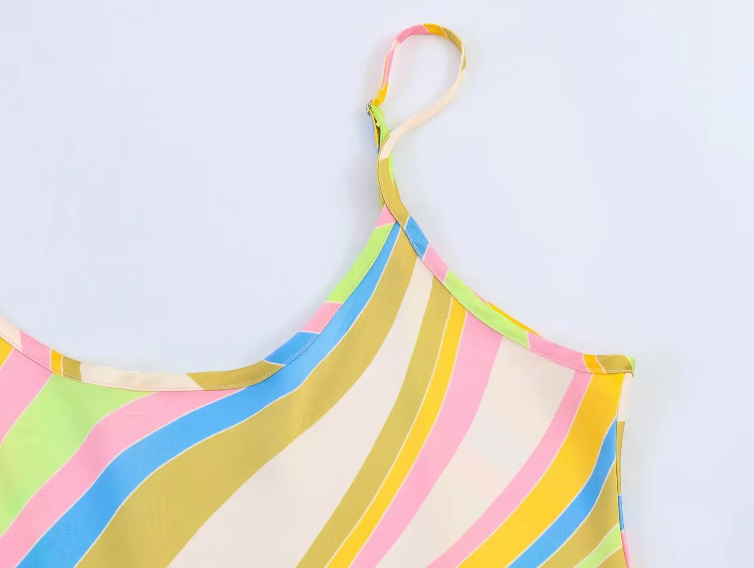 TFMLN Damen-Kleid mit gestreiftem Spaghetti-Träger, ärmellos, rückenfrei, Regenbogen-Print, Strandkleider, neues Sommer-Party-Chic-Damen-Outfit – Detail 5