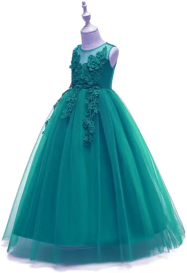 Vestido largo de dama de honor de Encaje Vintage para niña de las flores, vestido de princesa para fiesta de cumpleaños, boda, calcomanía de gasa, vestido de noche de comunión, vestido de baile