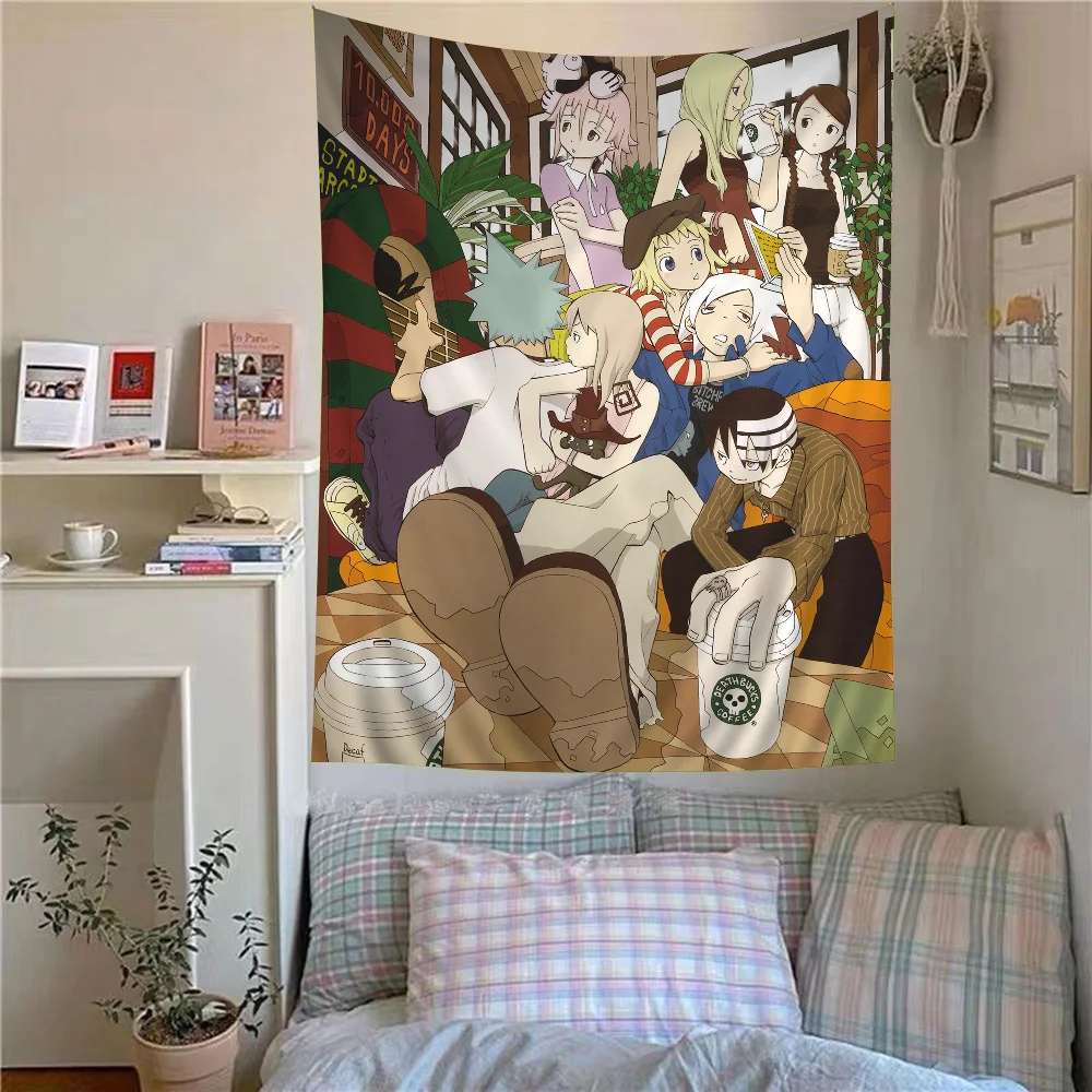 Soul Eater Tapestry Shinigami Scythe Witch Black Cat and School Uniform Anime Wall Hanging for Bedroom Decor