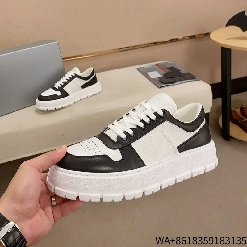 2026 New Men's Genuine Leather White Board Shoes Chunky Sole Casual Sneakers Low Top Lace Up Cool Minimalist Fashion Footwear