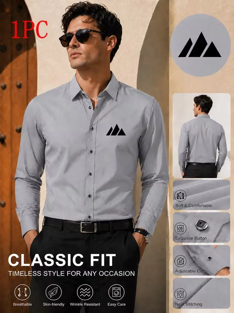 1PC Men's Premium Business Casual Shirt with Logo Print Long Sleeve Slim Fit Wrinkle Resistant Formal Office Daily Shirt